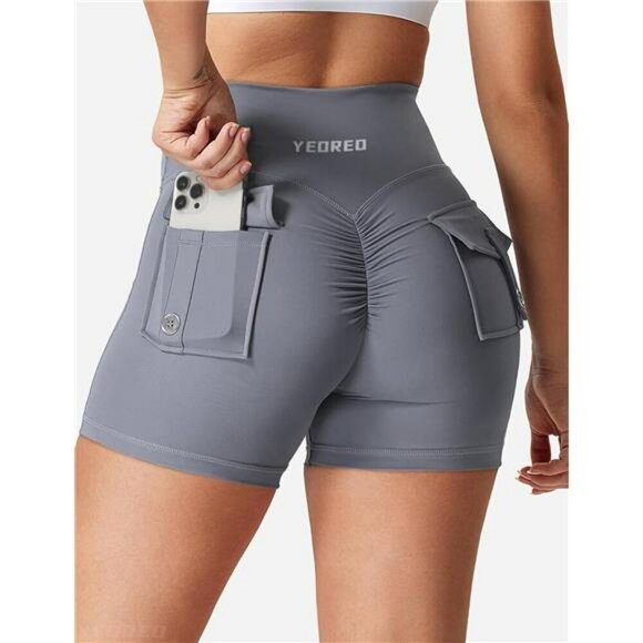 YEOREO Scrunch Workout Shorts High Waist Biker Yoga Booty Shorts with Pockets - Picture 3 of 6
